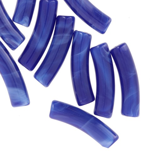 Perles tube incurvé en acrylique opaque 19x5 mm - Bleu royal marbré x10