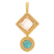 Pendentif ethnique 21x10mm - Doré à l'or fin - Quartz rose - imitation turquoise