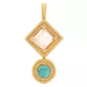 Pendentif ethnique 21x10mm - Doré à l'or fin - Quartz rose - imitation turquoise