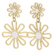 Boucles d'oreilles pendantes fleur - 34x22 mm Acier inox 304L Doré - Blanc x2