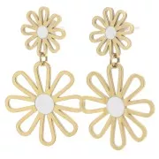 Boucles d'oreilles pendantes fleur - 34x22 mm Acier inox 304L Doré - Blanc x2