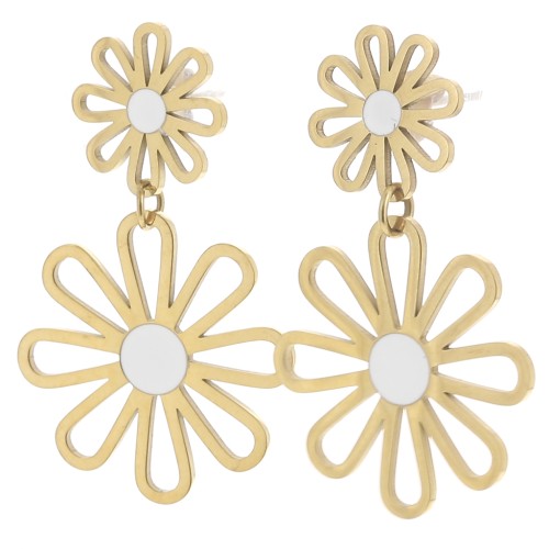 Boucles d'oreilles pendantes fleur - 34x22 mm Acier inox 304L Doré - Blanc x2
