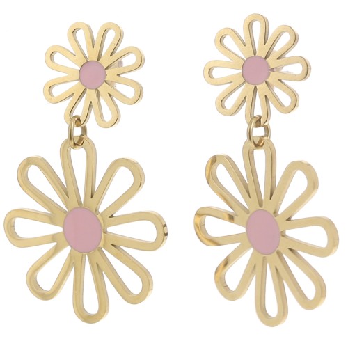 Boucles d'oreilles pendantes fleur - 34x22 mm Acier inox 304L Doré - Rose x2