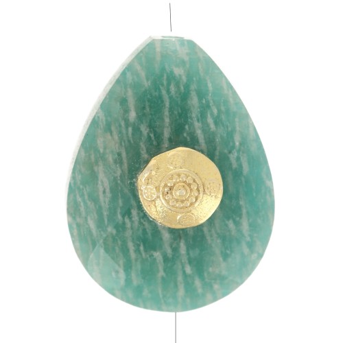 Perle goutte motif ethnique 17x13 mm pierre gemme Amazonite - Doré or fin x1