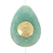 Perle goutte motif ethnique 14x10 mm pierre gemme - Amazonite - Doré or fin x1