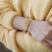 Bracelet jonc martelé réglable 15x170mm cabochon Amazonite -Acier inox 304L Doré