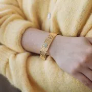 Bracelet jonc martelé réglable 15x170mm cabochon Amazonite -Acier inox 304L Doré