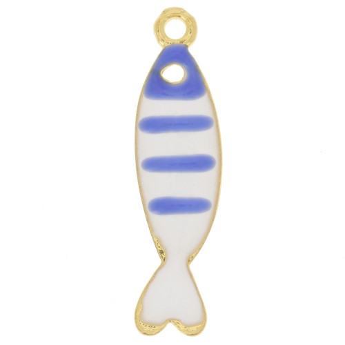 Breloque poisson rayé 26.5x7 mm avec résine époxy - Doré - Bleu - Blanc x1