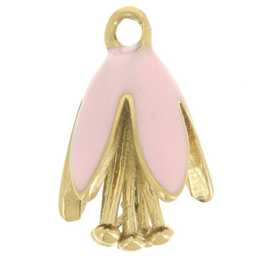 Breloque fleur 12x8 mm en résine époxy - Acier inoxydable 304L Doré - Rose clair