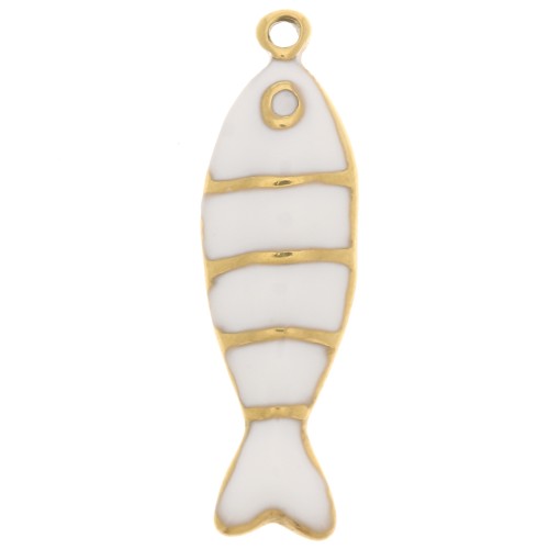 Pendentif poisson 22x6.5 mm avec résine époxy - Acier inox 304L Doré - Blanc x1