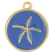 Breloque ronde étoile de mer 14mm résine époxy - Acier inox 304L Doré - Bleu roi|raw }}