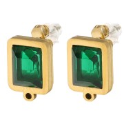 Clous d'oreilles rectangle 13x9 mm cabochon verre - Acier inox Doré 304L - Vert x2|raw }}