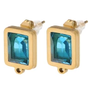Clous d'oreilles rectangle 13x9 mm cabochon verre - Acier inox Doré 304L - Bleu x2