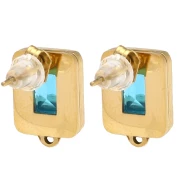 Clous d'oreilles rectangle 13x9 mm cabochon verre - Acier inox Doré 304L - Bleu x2