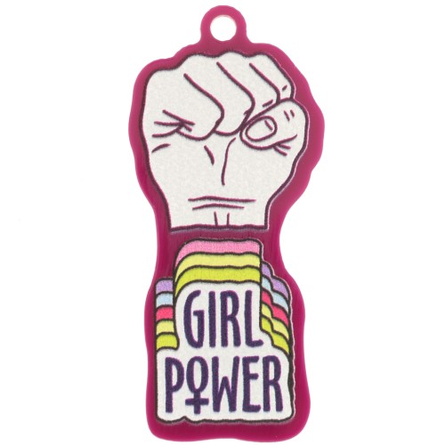 Pendentif poing fermé 48.5x22 mm en plexiglas - Girl Power - Prune - Blanc x1