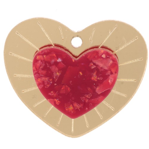 Pendentif coeur en relief 25x29 mm en plexiglas - Doré - Rouge pailleté x1