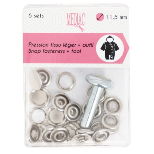 Boutons pressions et outil de pose 11.5 mm - Argenté x6