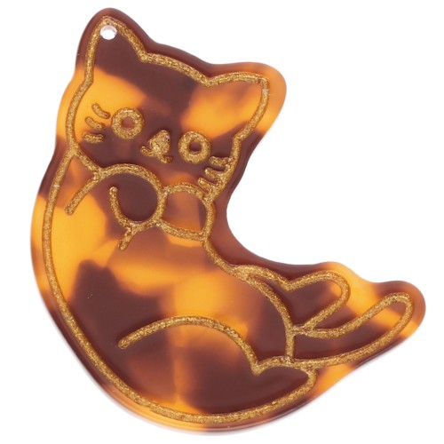 Pendentif chat 39x36 en acétate - Ecaille de tortue - Marron - Noir x1