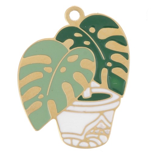 Breloque Philodendron 18x14 mm résine époxy - Acier inox 304L Doré - Vert