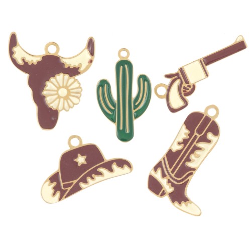 Mix de breloques époxy Western - Exclu Perles&Co - Acier inox 304L Doré x5
