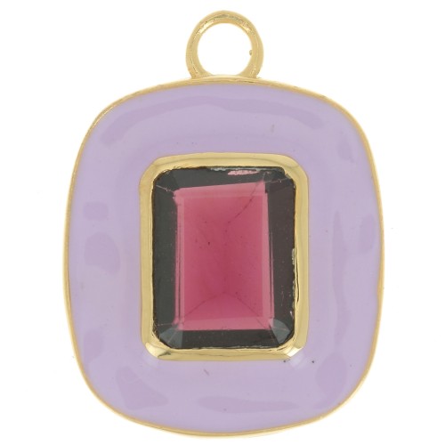 Pendentif rectangle 23x18 mm pierre gemme Grenat & époxy lilas - Doré à l'or fin
