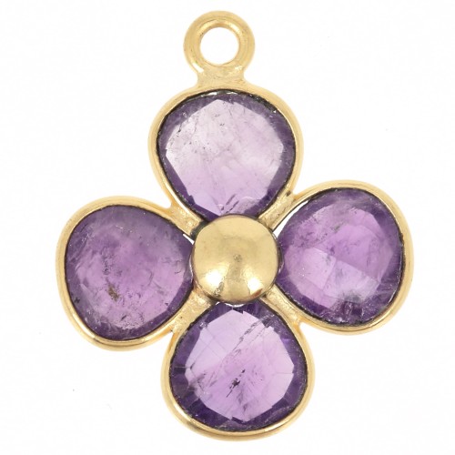 Pendentif fleur 16 mm en pierre gemme - Doré à l'or fin - Amethyste x1