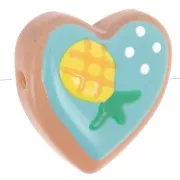 Fruits - Perle coeur 24 mm en verre - Motif ananas - Turquoise - Jaune x1 Perle coeur 24 mm en verre - Motif ananas - Turquoise - Jaune x1