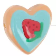 Fruits - Perle coeur 24 mm en verre - Motif fraise - Turquoise - Rouge x1 Perle coeur 24 mm en verre - Motif fraise - Turquoise - Rouge x1