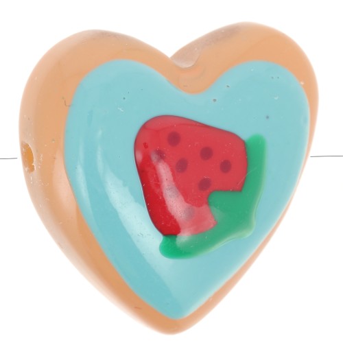 Perle coeur 24 mm en verre - Motif fraise - Turquoise - Rouge x1