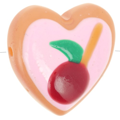 Perle coeur 24 mm en verre - Motif pomme - Rose - Rouge x1