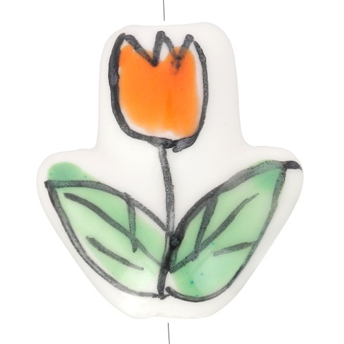Perle fleur Tulipe en céramique 16x14.5 mm - Blanc - Orange - Vert x1