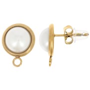 Clous d'oreilles rond 10mm avec cabochon imitation nacre - Acier inox Doré 304L x2