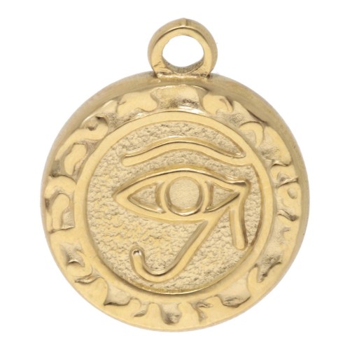 Breloque ronde 16 mm - motif Oeil d'Horus - Acier inoxydable 304L Doré x1