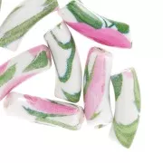 Perles tube incurvé 35x11 mm en acrylique opaque - Motif fleurs - Blanc - Rose x4