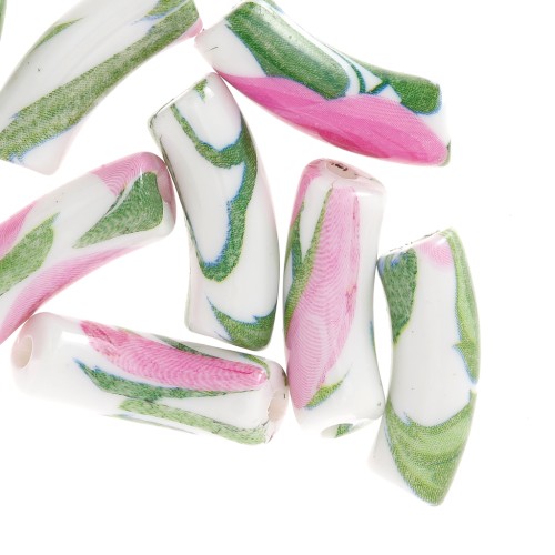 Perles tube incurvé 35x11 mm en acrylique opaque - Motif fleurs - Blanc - Rose x4