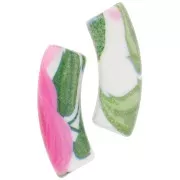 Perles tube incurvé en acrylique opaque 35x11 mm - Motif fleurs - Blanc - Rose x4