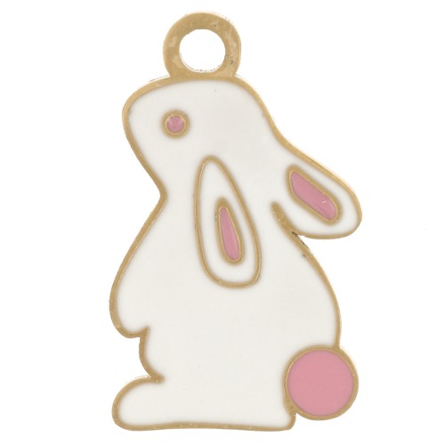 Breloque lapin 18x11 mm résine époxy - Acier inoxydable 304L Doré - Blanc x1