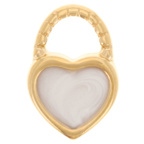 Breloque cadenas coeur 14.5x10mm avec résine époxy - Doré à l'or fin - Blanc nacré