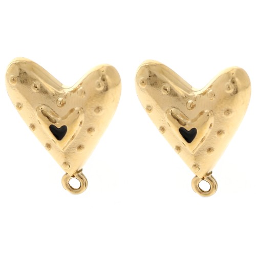 Clous d'oreilles coeur 20x17 mm avec résine époxy - Doré à l'or fin - Noir x2
