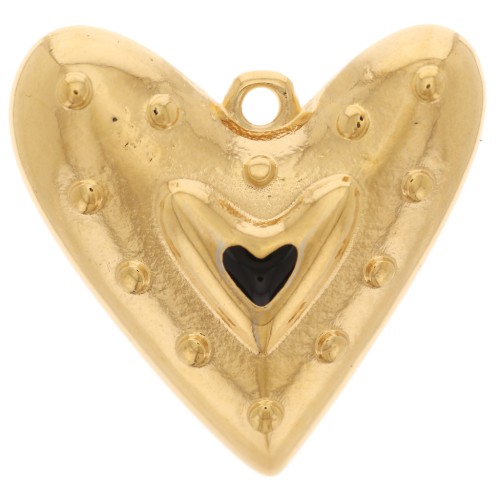 Pendentif coeur 22x24 mm avec résine époxy - Doré à l'or fin - Noir x1