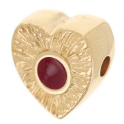 Perle coeur striée 10x9 mm avec rond en résine époxy - Doré à l'or fin - Rouge x1