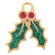 Breloque feuille de houx 15.5x14 mm résine époxy - Doré à l'or fin - Vert pailleté