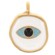 Breloque ronde irrégulière motif oeil 14 mm résine époxy - Doré à l'or fin - Blanc