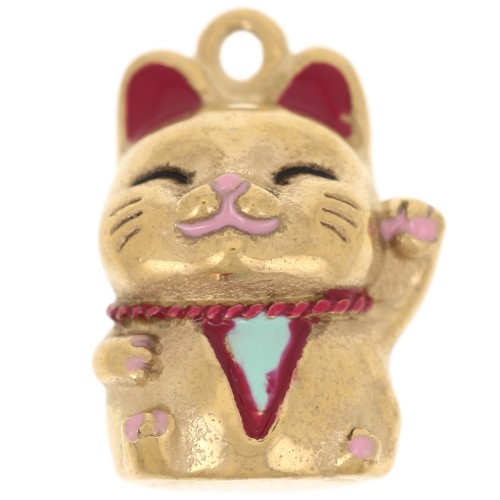 Breloque chat chance Maneki Neko 18x13 mm avec résine époxy - Acier inox 304 Doré