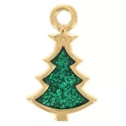 Breloque sapin de Noël 17x10 mm résine époxy - Doré à l'or fin - Vert pailleté x1
