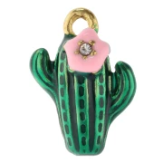 Breloque cactus 14x10 mm avec résine époxy - Acier inox 304 Doré - Vert - Rose x1