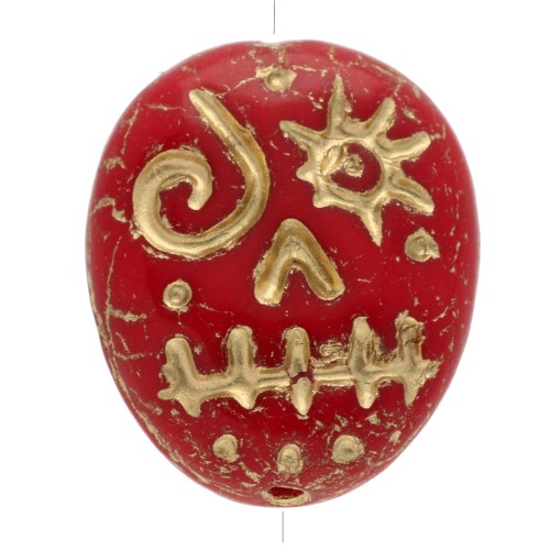 Perles en verre Woodoo Funny Face 16x14 mm - Rouge - Doré x5