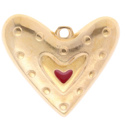 Pendentif coeur 22x24 mm avec résine époxy - Doré à l'or fin - Rouge x1
