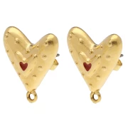 Clous d'oreilles coeur 20x17 mm avec résine époxy - Doré à l'or fin - Rouge x2