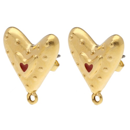Clous d'oreilles coeur 20x17 mm avec résine époxy - Doré à l'or fin - Rouge x2